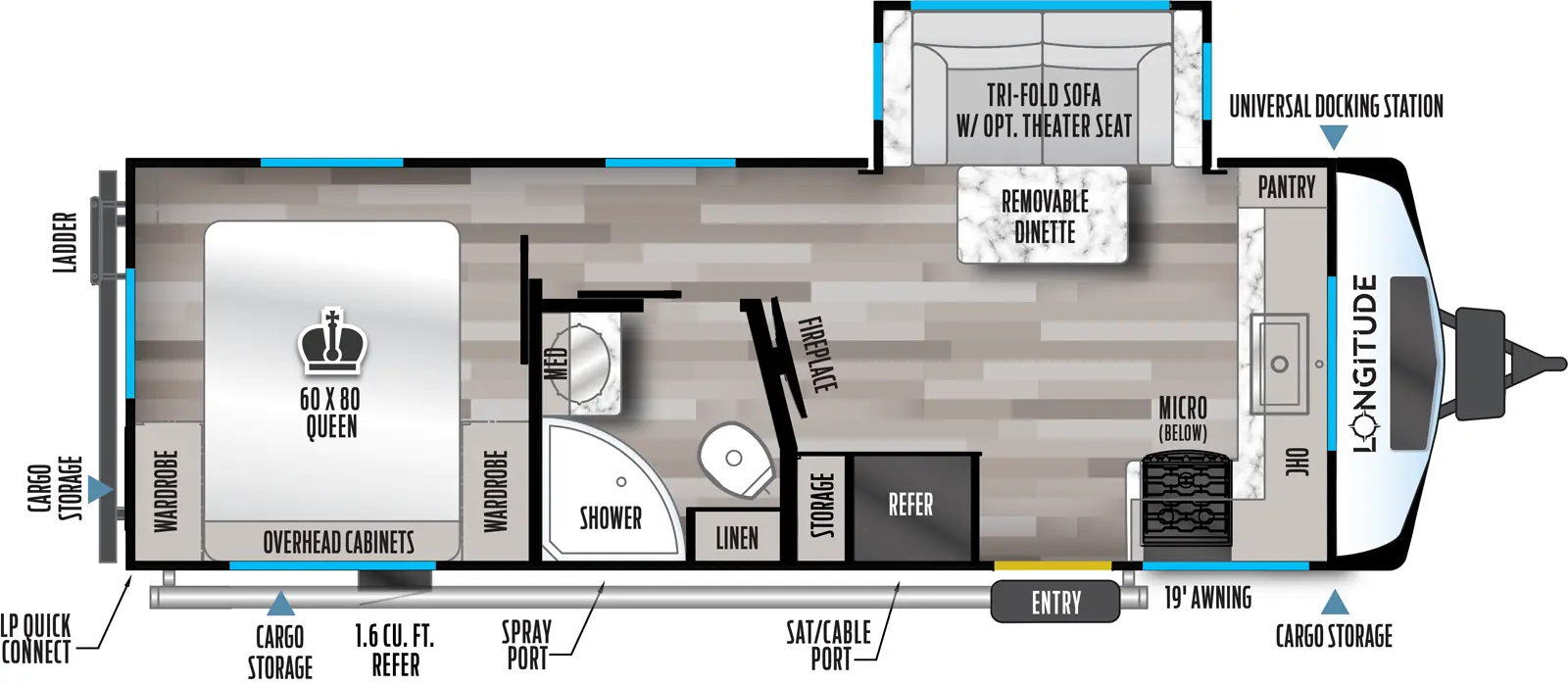 The 230FK has one slideout and one entry. Exterior features cargo storage, universal docking station, 19 foot awning, satellite/cable port, spray port, refrigerator, LP quick connect, and rear ladder. Interior layout front to back: front pantry, kitchen counter with sink, and overhead cabinet wrap to door side with microwave and cooktop with air fryer below; off-door side slideout with tri-fold sofa and removable dinette (theater seat optional); door side entry, refrigerator and storage; TV and fireplace along angled interior wall; door side full bathroom with linen closet and medicine cabinet; rear bedroom with door side queen bed with overhead cabinets and wardrobes on each side.